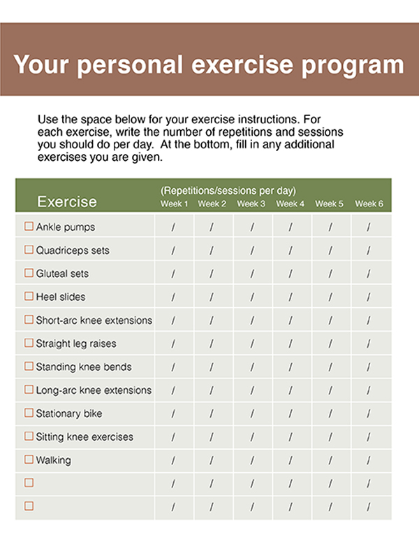 Six-week exercise program chart for tracking repetitions or sessions per day of ankle pumps, quad sets, gluteal sets, heel slides, short-arc knee extensions, straight leg raises, standing knee bends, long-arc knee extensions, stationary bike, sitting knee extensions, and walking.