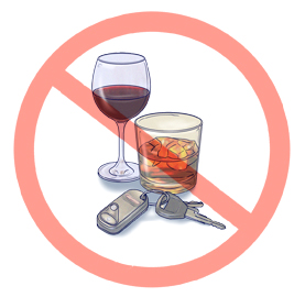 Picture of a glass of wine and a cocktail with a set of car keys inside a circle with a red line through it.