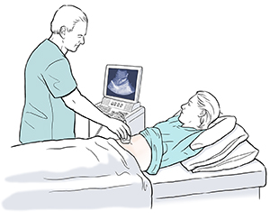 Healthcare provider doing ultrasound exam on woman.